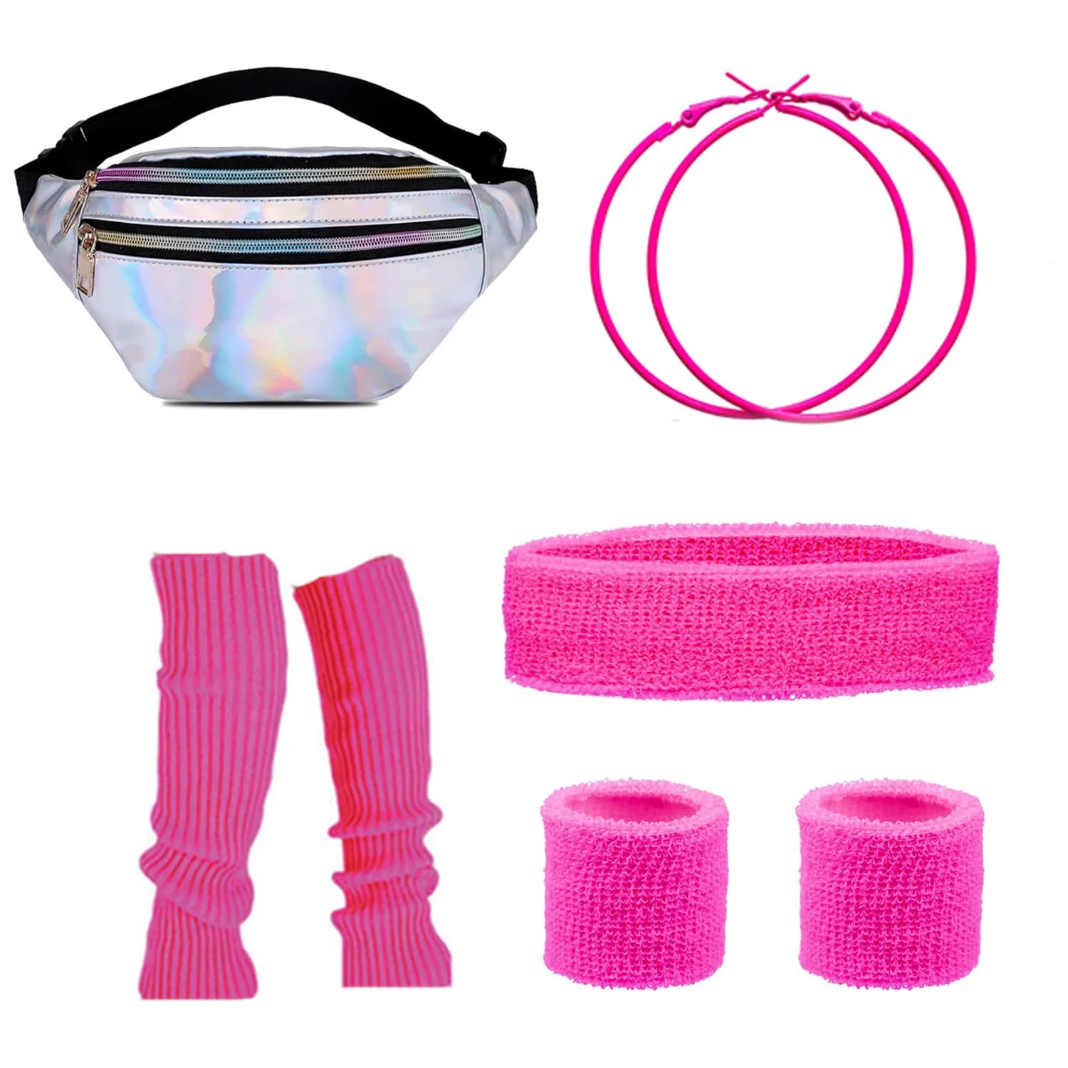 PESENAR accessori per travestimenti da donna, orecchini per travestimenti anni '80, borsa da cintura, fascia per la testa, supporto per il polso, supporto per il ginocchio, 5 pezzi