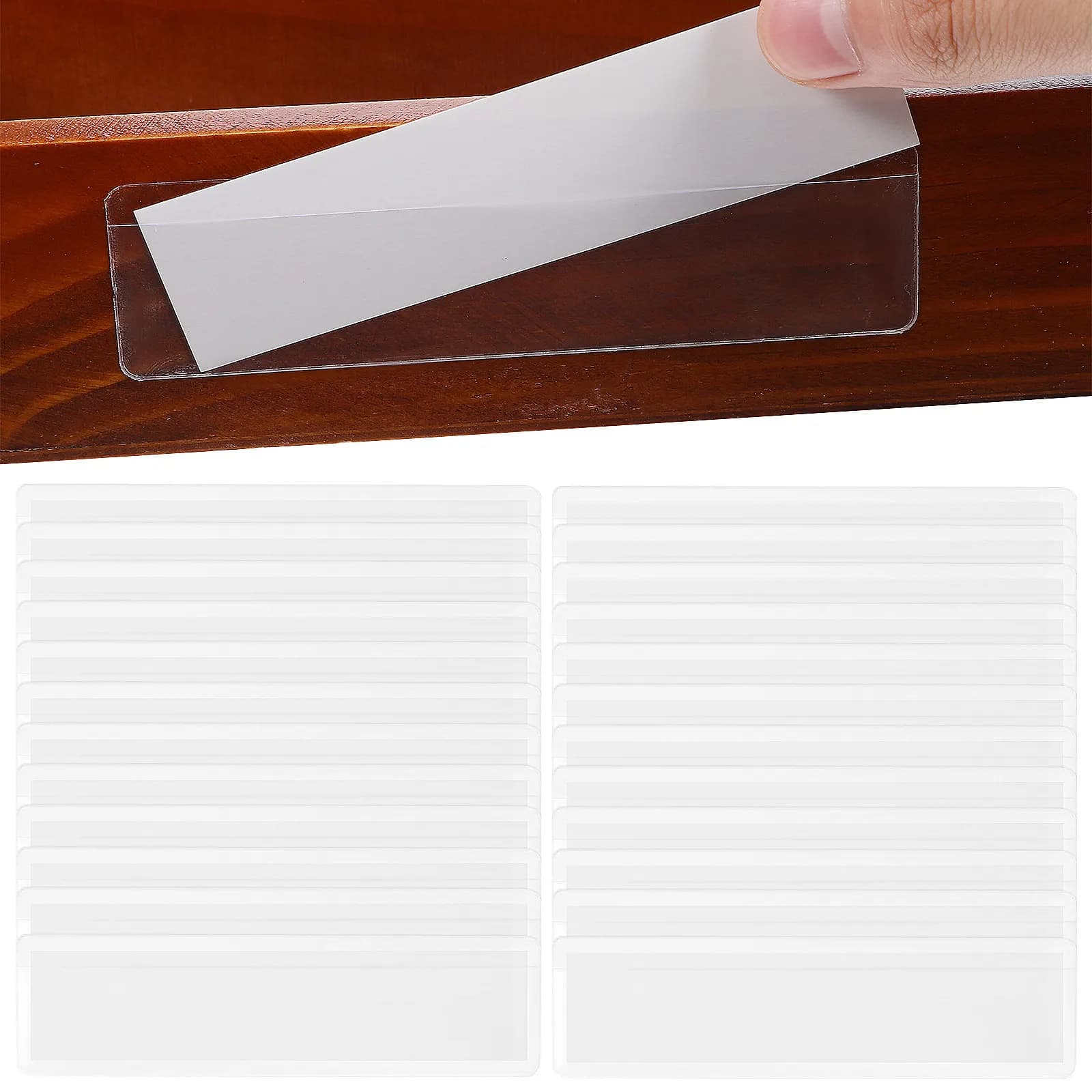 1 set di portaetichette trasparenti, tasche adesive con inserti di carta per l'organizzazione di documenti in ufficio, casa, scuola, etichette per contenitori e aule.