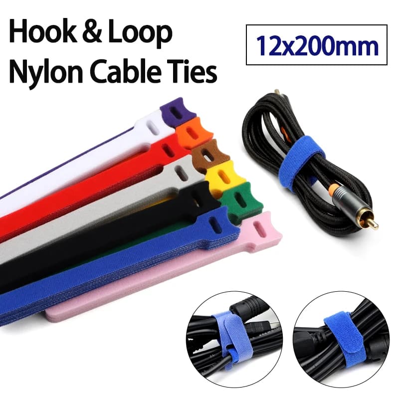 50/100 Pezzi Fascette a T in Nylon 12x200mm con Gancio e Anello, Riutilizzabili, Regolabili per Gestione Cavi e Organizzazione Fili