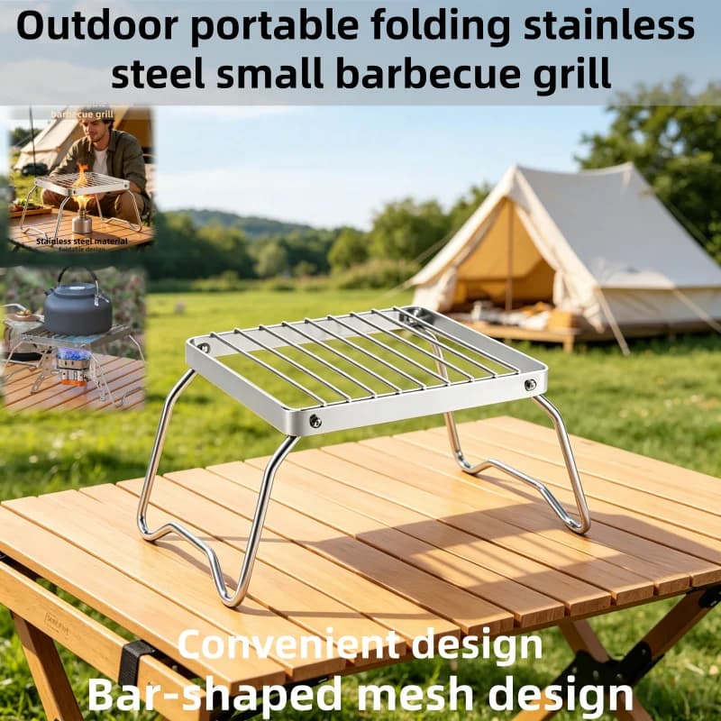 Lightweight Foldable Camping Stove Holder, Stainless Steel Portable Mini Barbecue Rack Set, Pot & Baking Tray Rack for Outdoors