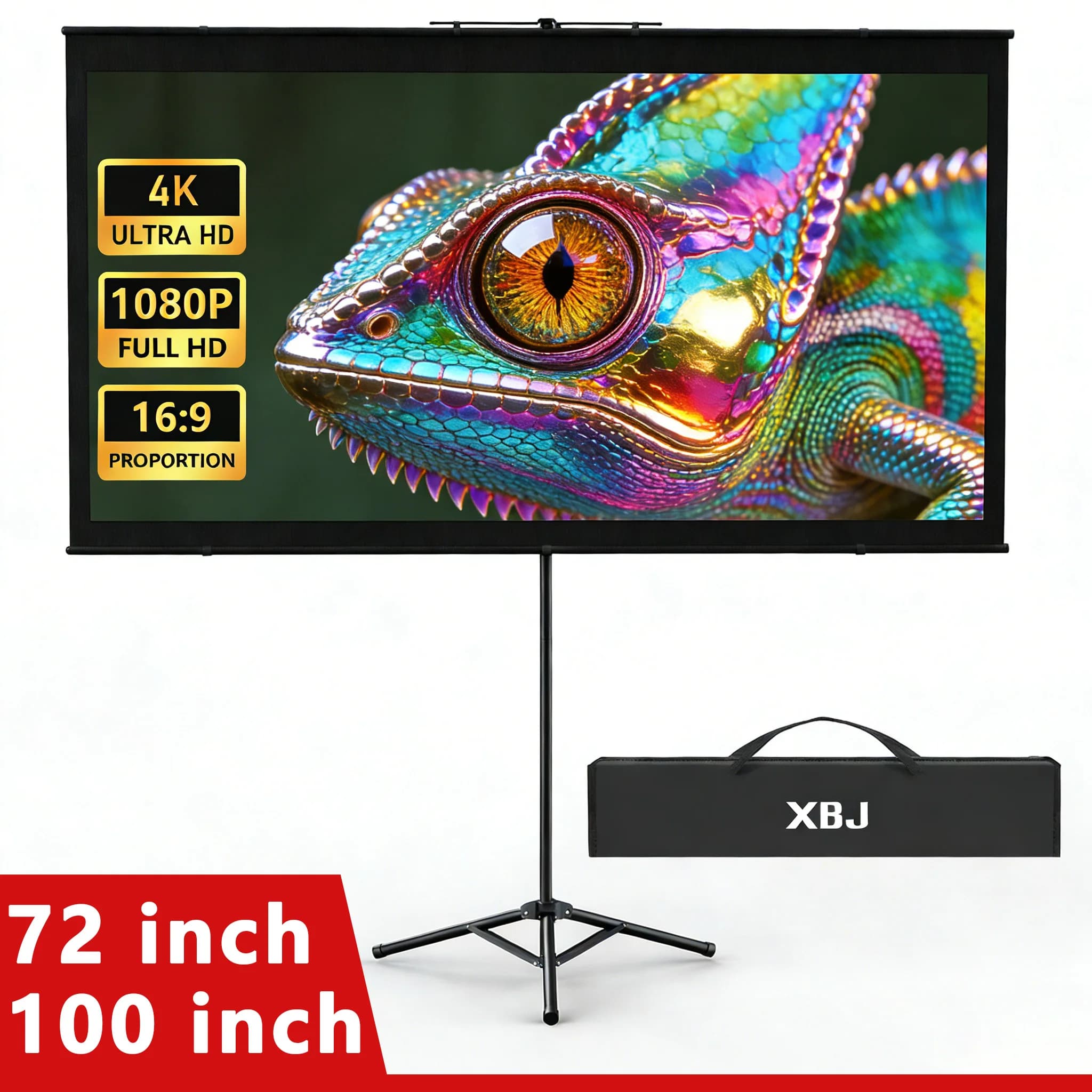 Schermo per Proiettore XBJ con Supporto 72/100 Pollici, Schermo Portatile per Proiettore da Esterno 16:9 e Supporto a Treppiede Leggero e Compatto