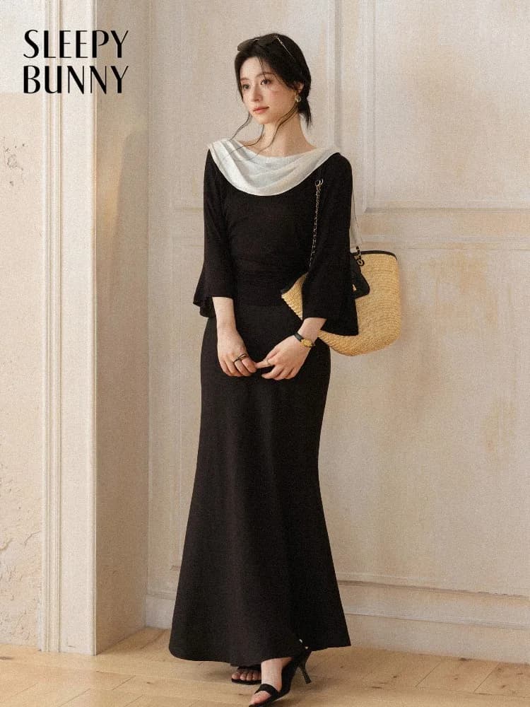Women Draped Neck Top Skirt Set Slim Fit Layered T Shirt High Waist Mermaid Skirt Elegant Two Piece Outfit Summer Commuter Lady