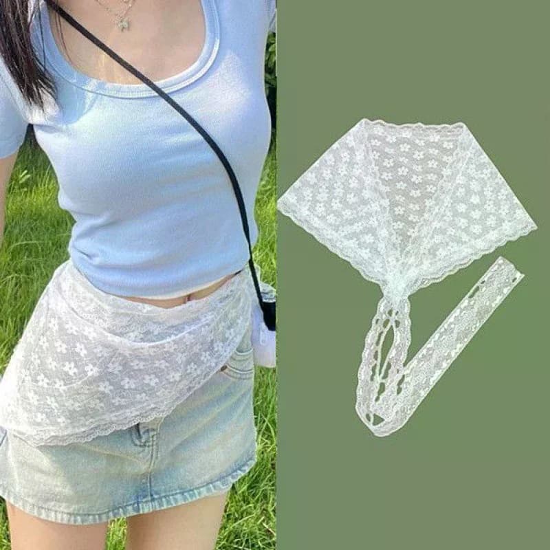 Gonna corta versatile a triangolo con pizzo per donna e ragazza, estiva, con strato di tessuto a cascata, alla moda, con foulard abbinato