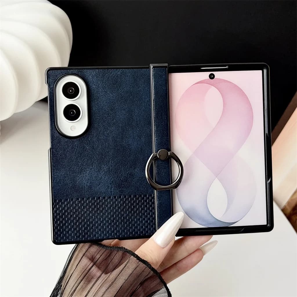Hinge Full Protection Leather Phone Case For Samsung Galaxy Z Fold 8 Ultra Ring Holder Woven Texture Shockproof Hard Shell Cover