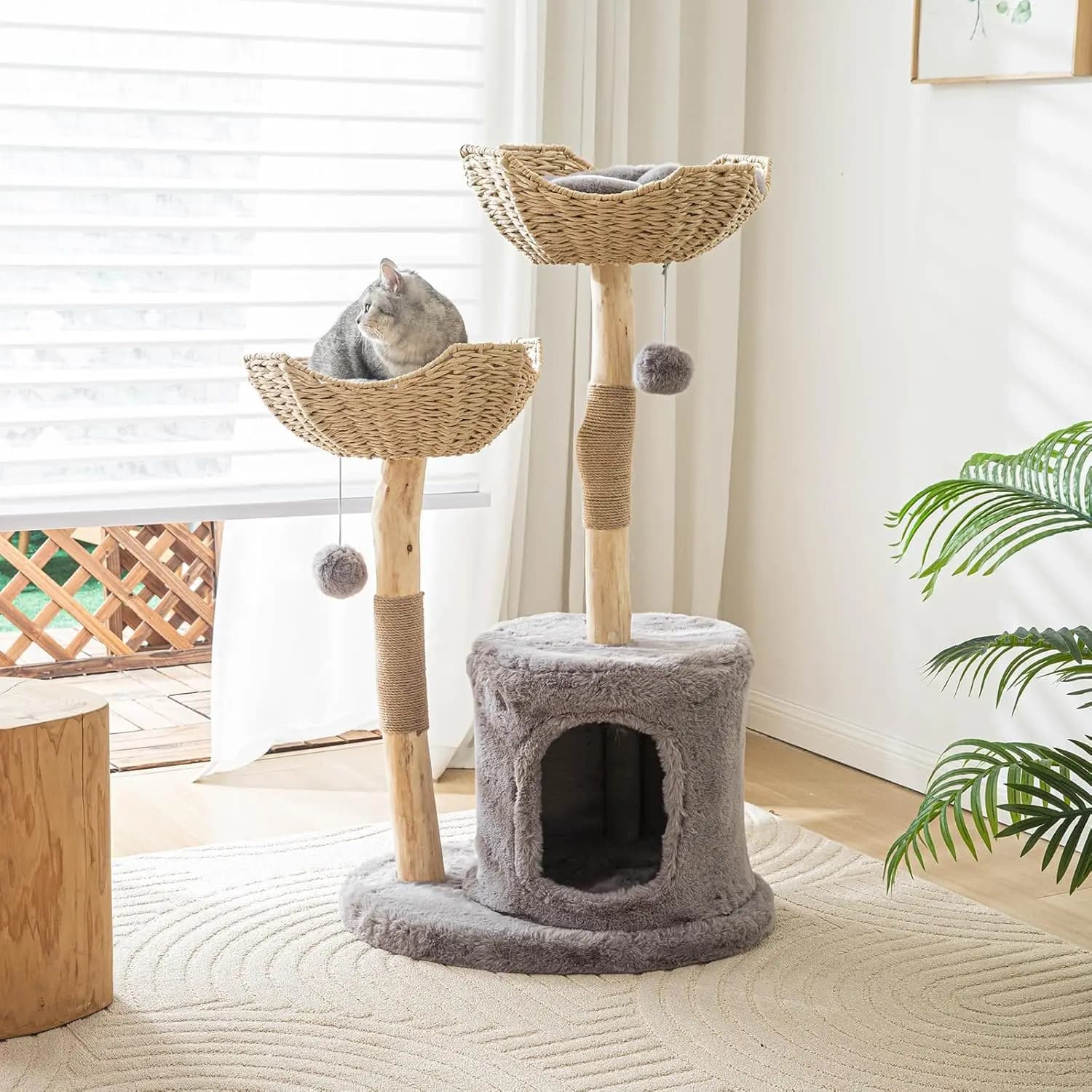Torre per Gatti in Legno Massello Moderna per Interni, Grigia, Condo di Lusso per Gatti con Tiragraffi