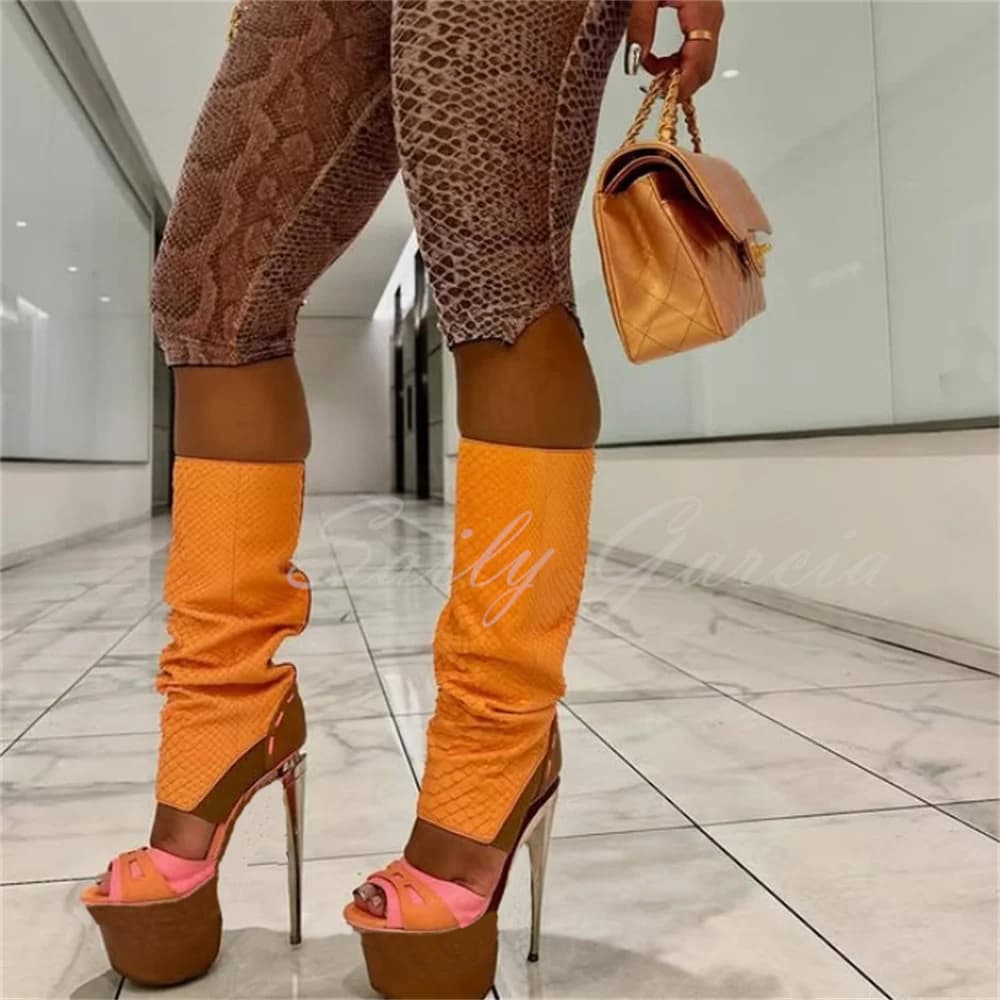 Stivali alti multicolor da donna con plateau, sexy, a punta aperta, tacco a spillo, slip-on, nuovi sandali estivi con tacco alto, stivali lunghi di tendenza