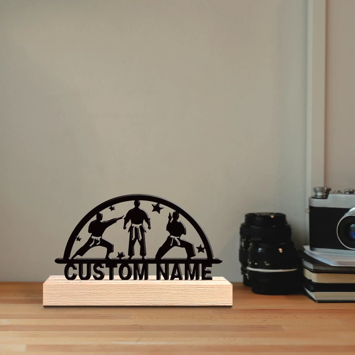 Custom Karate Metal Statue with Wood Base, Table Decoration, Intricate Sculpture with Wood Base