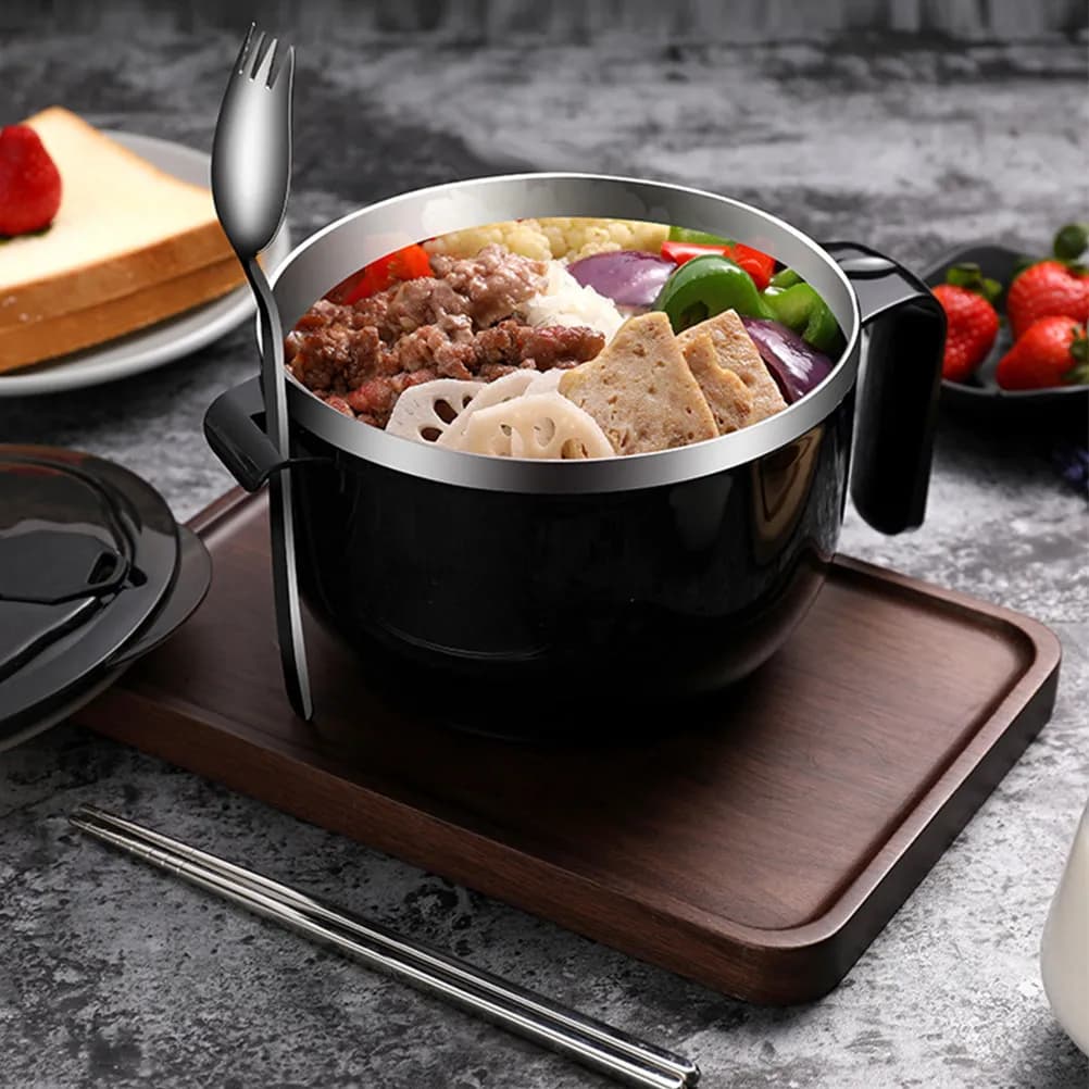 Set di 1 Ciotola in Acciaio Inox da 1200ml con Coperchio, Contenitore per Zuppa con Foro di Drenaggio per Noodles, Riso e Preparazione Pasti