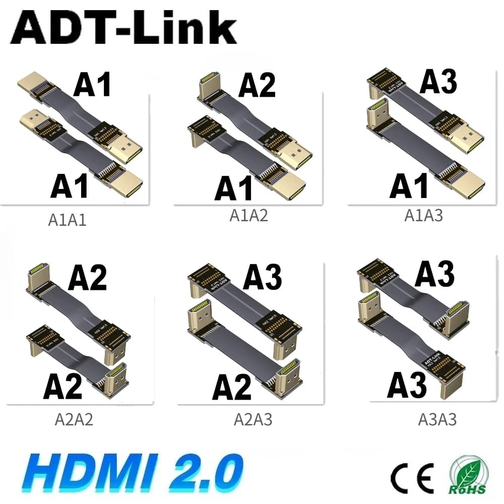 ADT FPV HDMI 2.0 Standard Male to Male Elbow Flat Cable Type A-A Built-in Extension Cable Support 2K/144hz 4K/60Hz Computer Wire