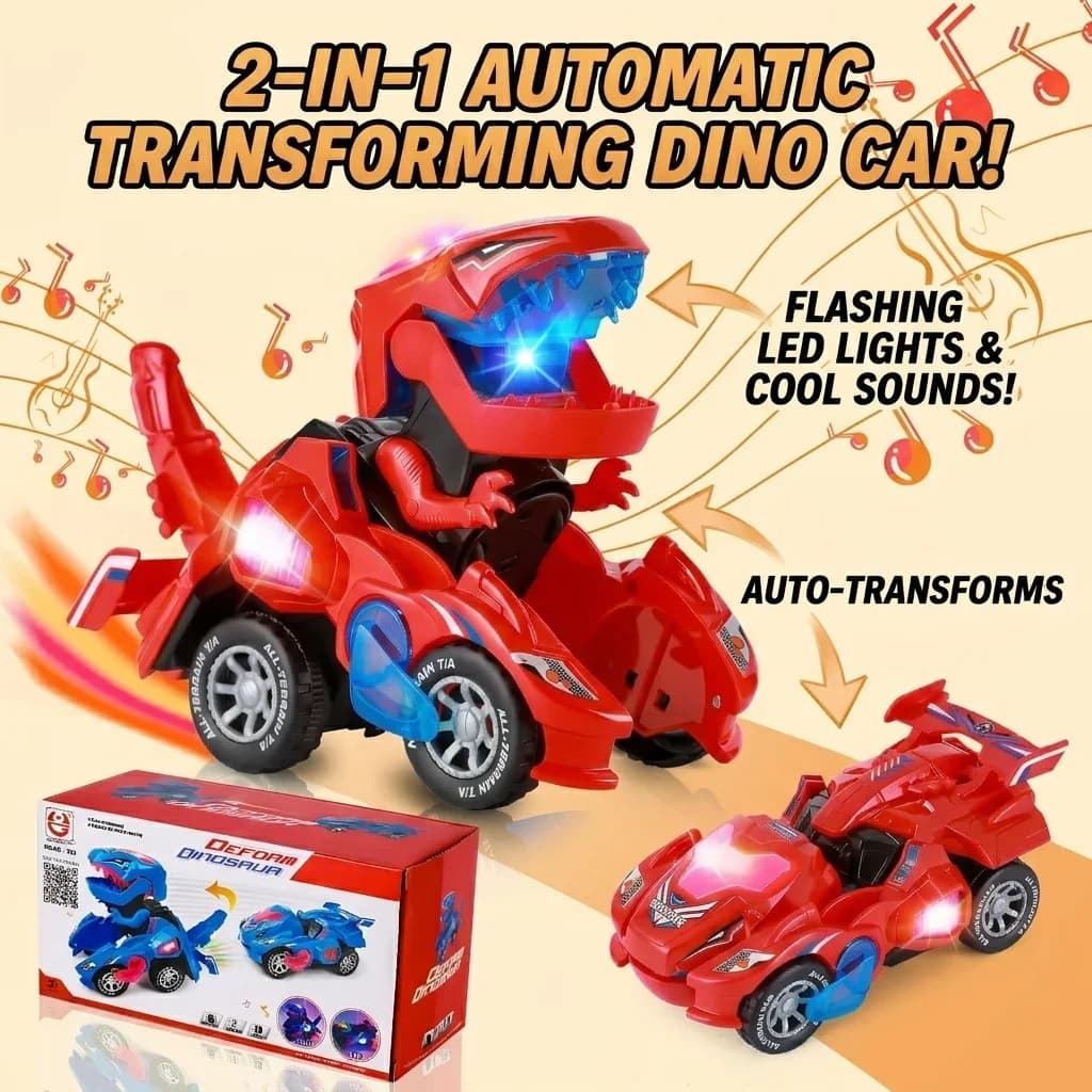 Giocattolo Auto Dinosauro 2-in-1 con Trasformazione Automatica, Luci e Musica, Veicolo Robot Dinosauro Educativo, Regalo per Bambini e Ragazzi