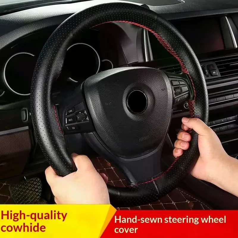Coprivolante per Auto in Pelle Cucito a Mano, Traspirante, Antiscivolo, Universale, Adatto per 38cm, con Fascia Elastica e Decorazione a Trama