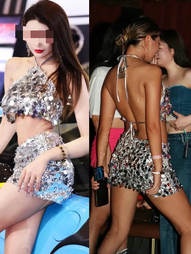 Sexy Backless Sequin Dress with Strap Vest for DJ Female Singer Gogo Performance Club Dancing Costume Set Women's Fashion