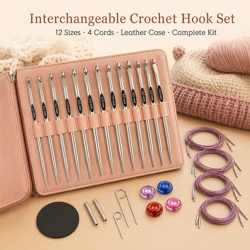 Stainless Steel Interchangeable Crochet Hook Set 12 Sizes Silver Needles With Deep Purple Cords Leather Case Knitting