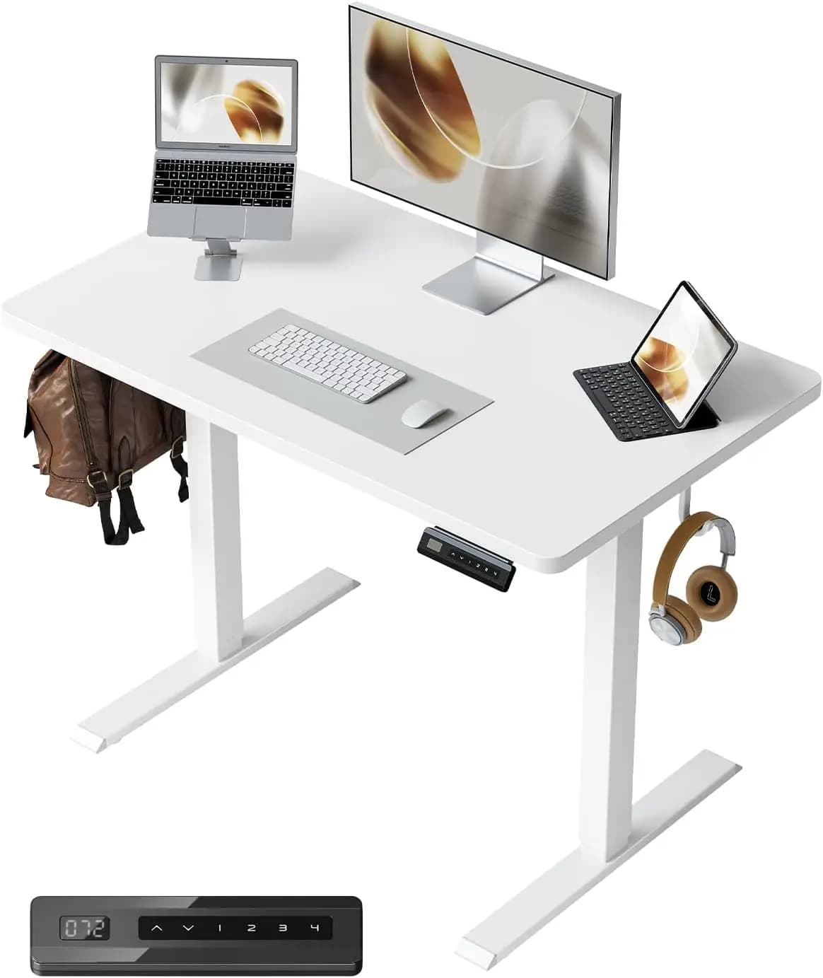 Electric Height-Adjustable Standing Desk 32 x 20 Inches, Small One-Piece Sit Stand Workstation for Home Office Computer, with 4 Memory Presets and Headphone Hook, Elegant White