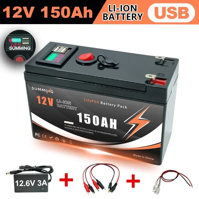 Batteria al litio ricaricabile LiFePO4 12V 150Ah, BMS integrato, perfetta per i giocattoli, pannelli solari, analizzatori di pesci, piccolo UPS