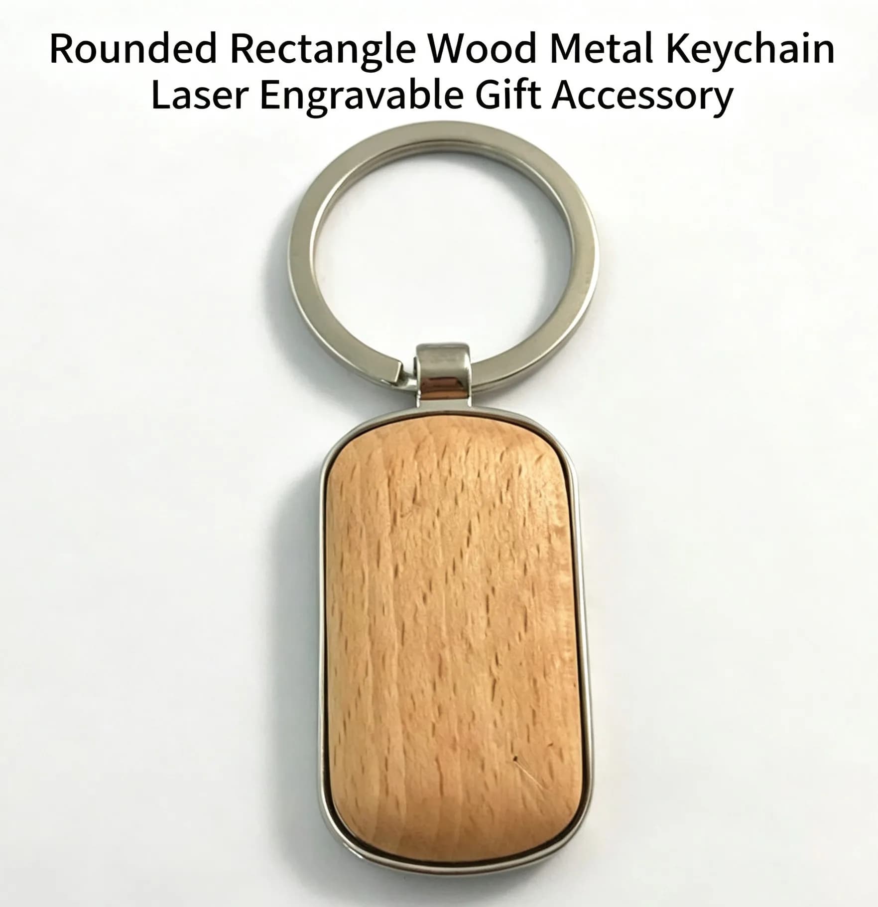 Rectangular Blank Beech Wood Alloy Metal Key Ring Keychain Pendant Charm Custom Laser Engravable Business Gift