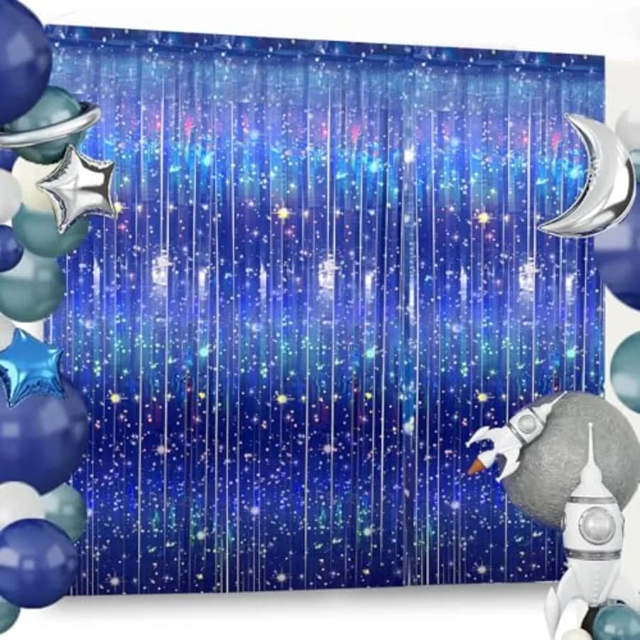 3 PCS Galaxy Foil Curtains Backdrop for Space Themed Party Decorations, 3.3 x 6.6 ft Blue Iridescent Tinsel Curtains, Foil Frin