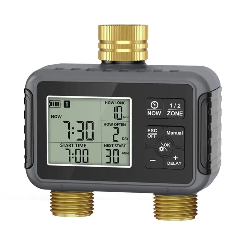 Timer Irrigazione Programmabile AA76 a 2 Zone per Giardino, Controller Irrigazione a Risparmio Idrico