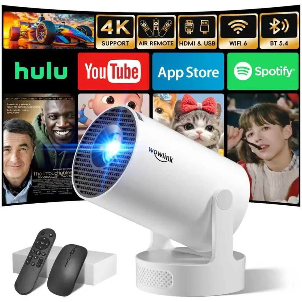 Mini proiettore WiFi6 intelligente, messa a fuoco automatica 4K e 180 ° App girevoli e integrate, Bluetooth 5.4, regalo portatile per home theater all'aperto