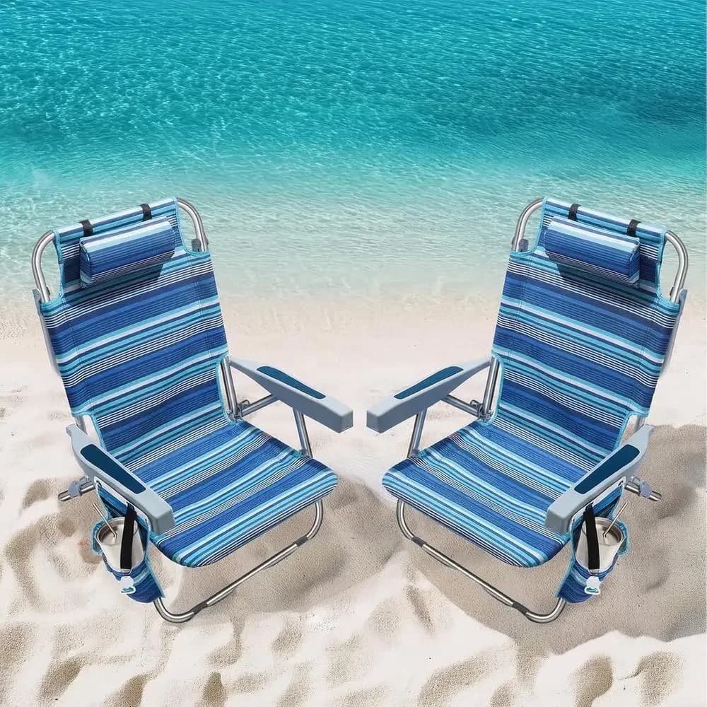 Portable 2-Person Reclining Beach Chairs with 5 Positions, Cup Holder, Cooler Pouch, and Towel Bar, Blue Stripe