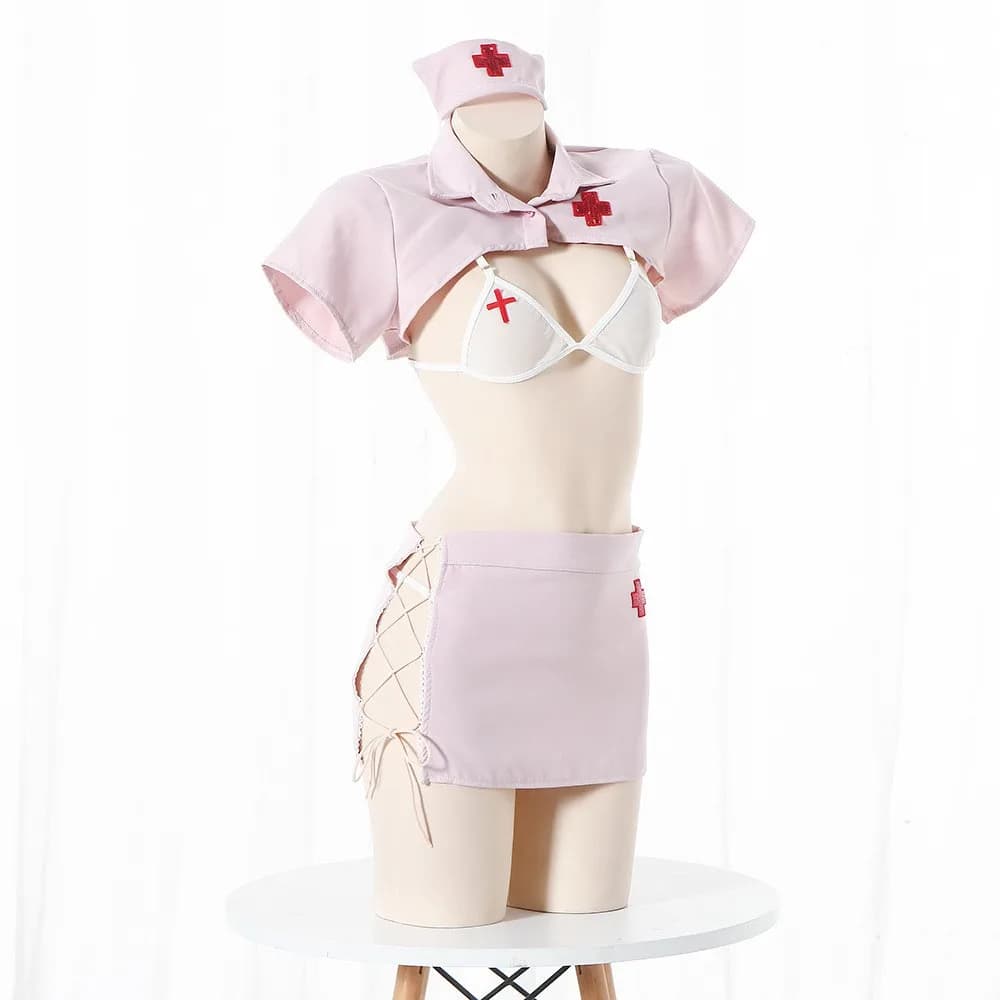 Sexy Lingerie Set Women Japanese Kawaii Cosplay Costume Pink Lace Nurse Doctor Uniform V Neck See Through Temptation