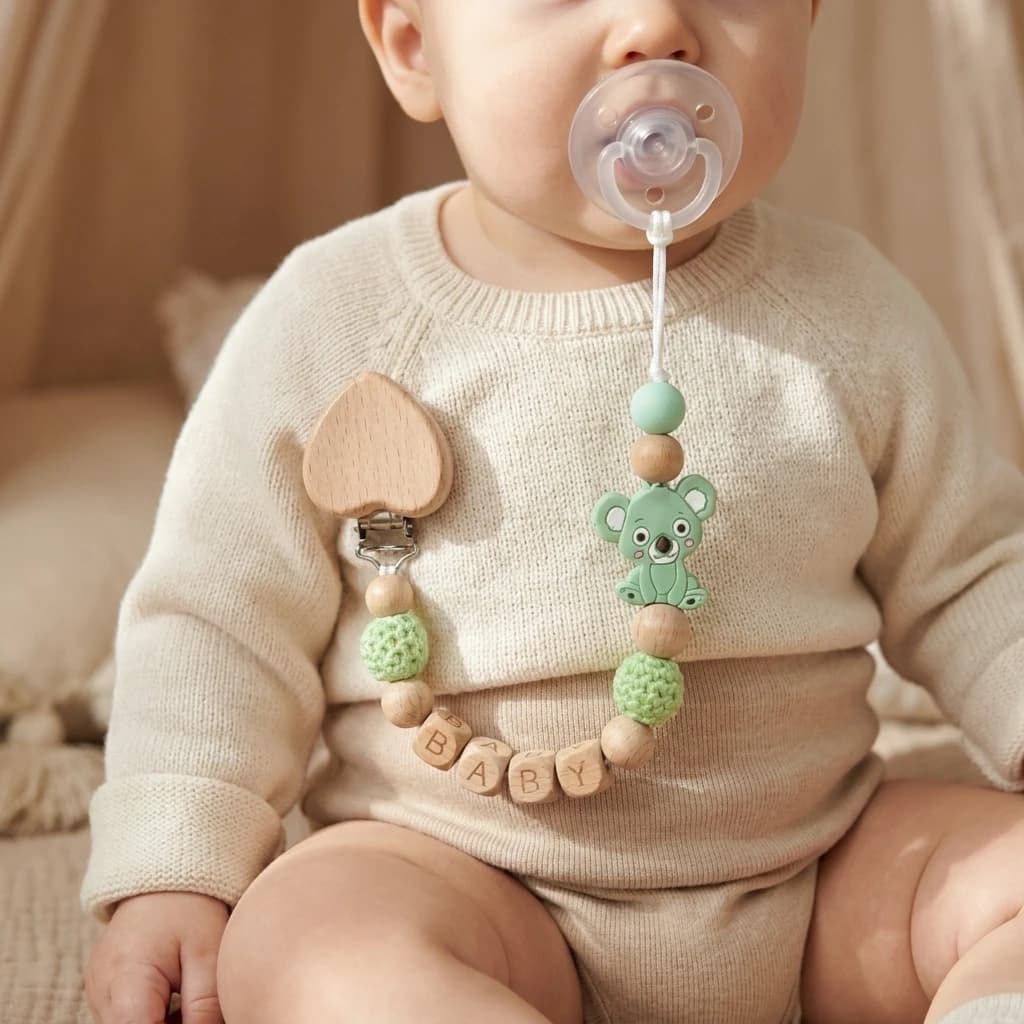 Personalized Baby Pacifier Clip Custom Name Wooden Koala Teether Silicone Crochet Beads BPA Free Dummy Holder Shower Gift