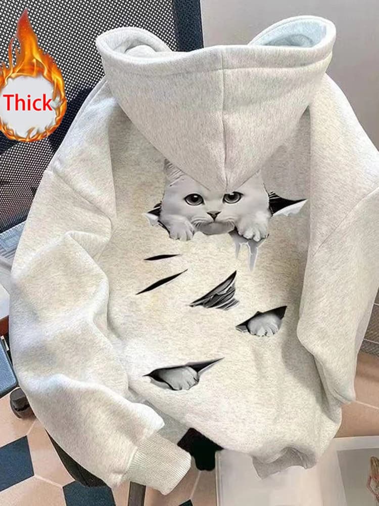 Cute Cat Thick Hoodies Women Fall Winter Warm Loose Long Sleeve Soft Tops Coats Vintage Lady Casual Preppy Style Kawaii Pullover