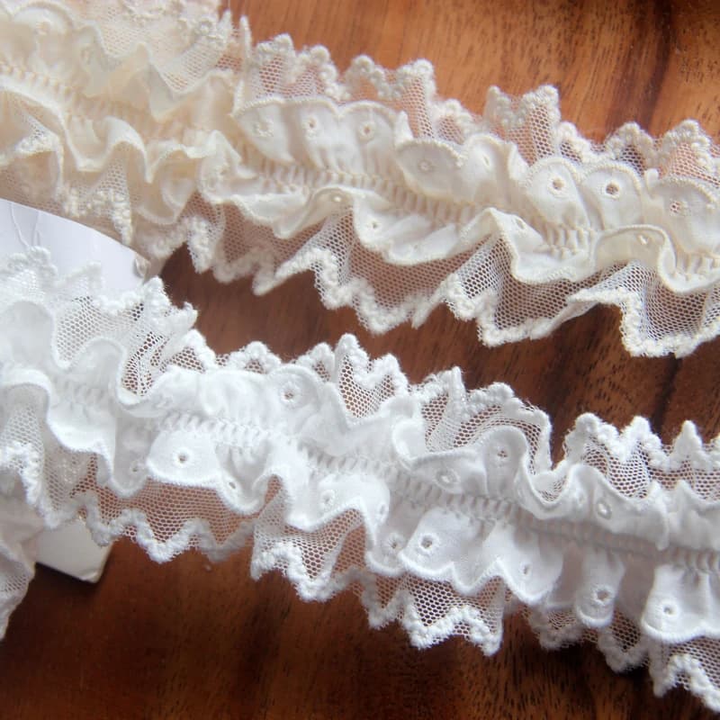 White Beige elasticized cotton curled elastic lace with embroidered fringes, ribbon, collar, curtains, fabric, sewing decorations DIY
