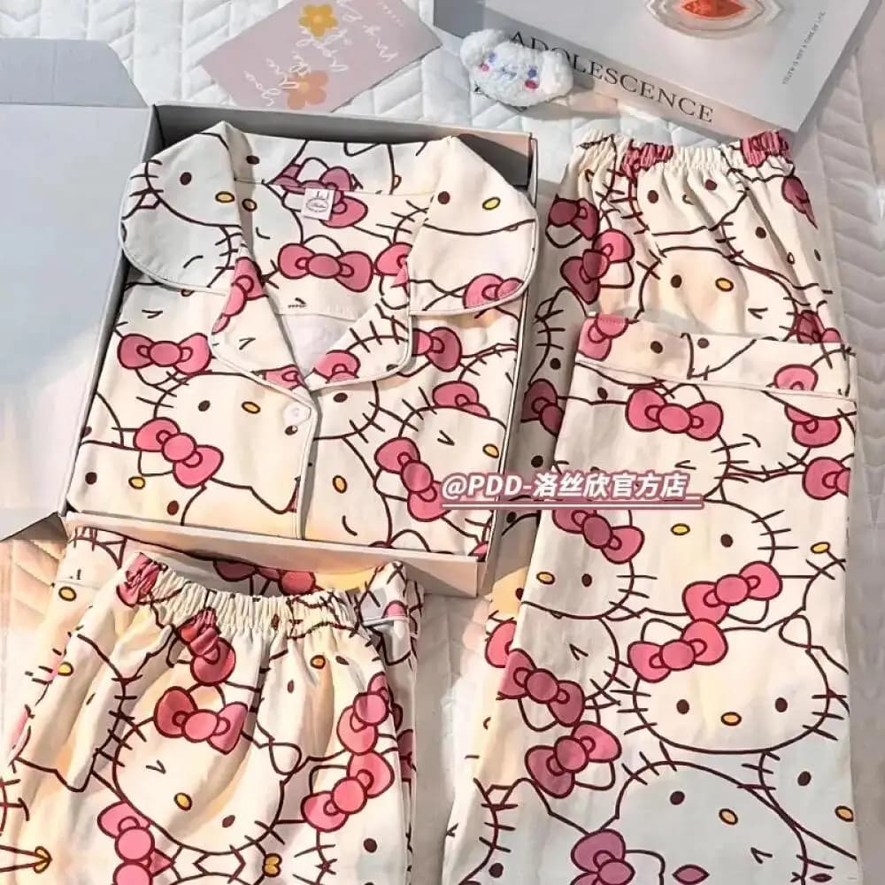 Anime Hello Kitty 3Pcs Women Pajamas Suit Kuromi Cartoon Summer Short Sleeved Shorts Home Clothes Cute Girls Student Gift