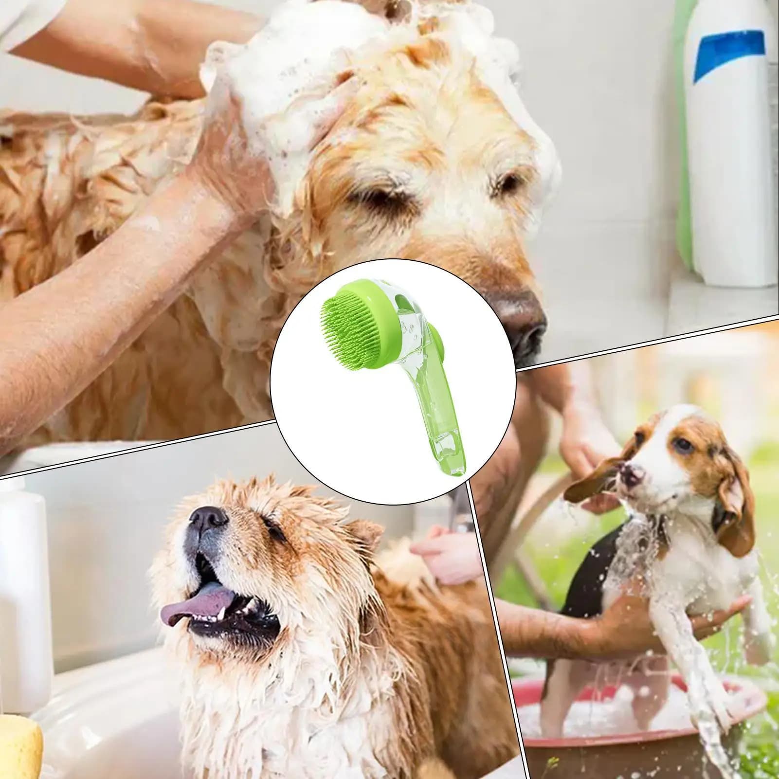Spazzola da bagno per animali domestici 2025 Nuova spazzola da bagno per cani 2 in 1 con dispenser di shampoo incorporato Spazzola da doccia per toelettatura Spazzola da bagno per animali domestici con manico lungo