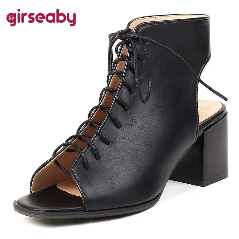 Girseaby Innovative Ladies Peep Toe Sandals 6.5cm Block Heel Lace Up Color Mix Extended Sizes 41 42 43 Trend Dating Footwear