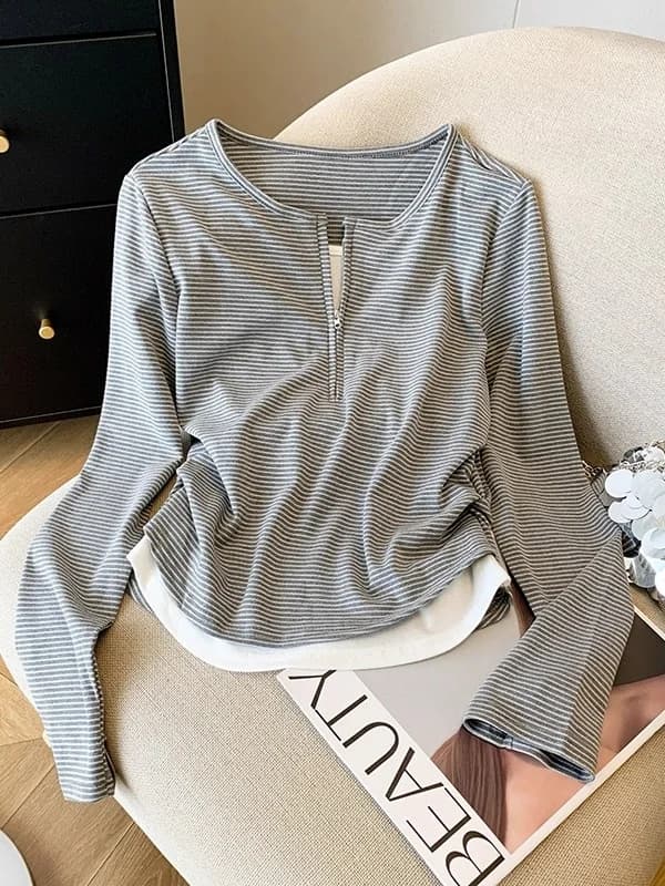 Women's Slim Fit V-Neck Long Sleeve T-Shirt Striped Mock Two-Piece Base Layer Top Casual Style Fashionable Inner Wear