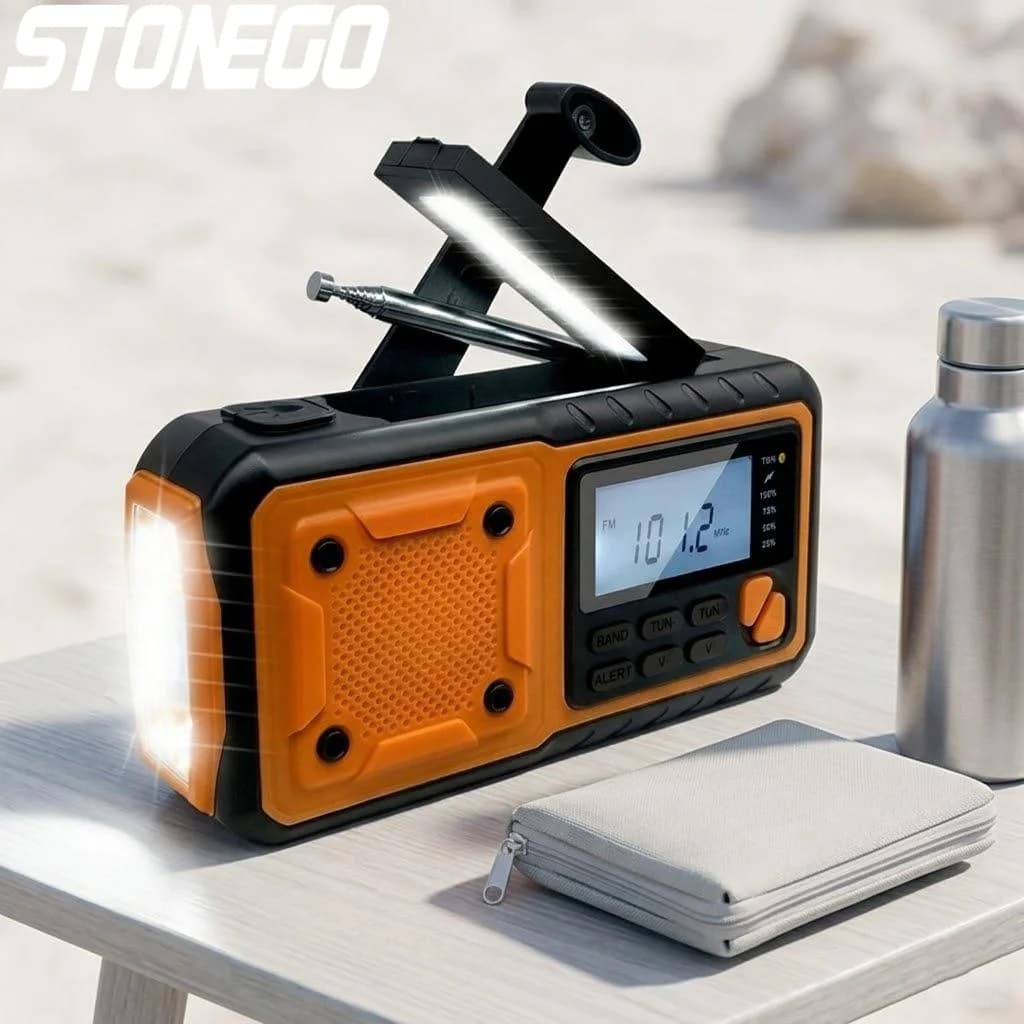 Radio meteorologica di emergenza AM/FM a manovella solare da 4000 mAh con torcia LED e power bank per ricarica telefono, ideale per campeggio e sopravvivenza all'aperto