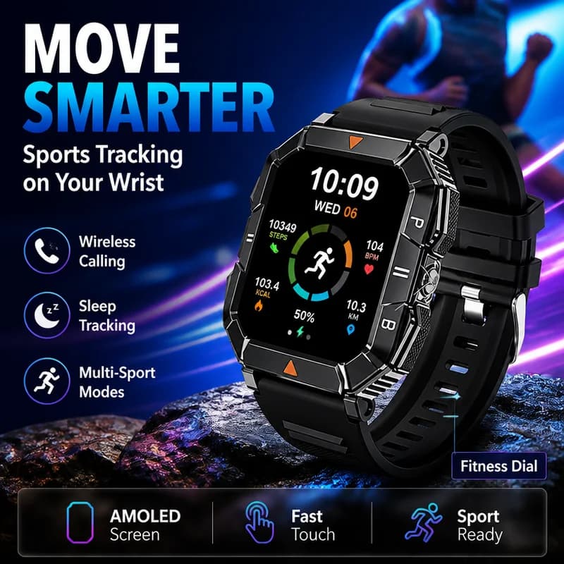 New Sport Smartwatch 2026 with 1.83''' AMOLED Display, GPS, Cardiac and Health Frequency Monitoring, Bluetooth Calls, Waterproof IP67