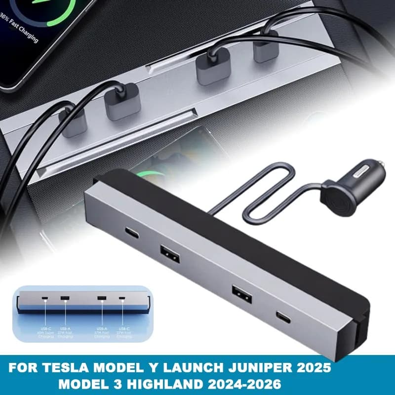 Adattatore per Console Centrale Auto Multi-Porta 65W USB-C HUB Ricarica Rapida per Tesla Model Y Juniper 2025 Model 3 Highland 2024-2026