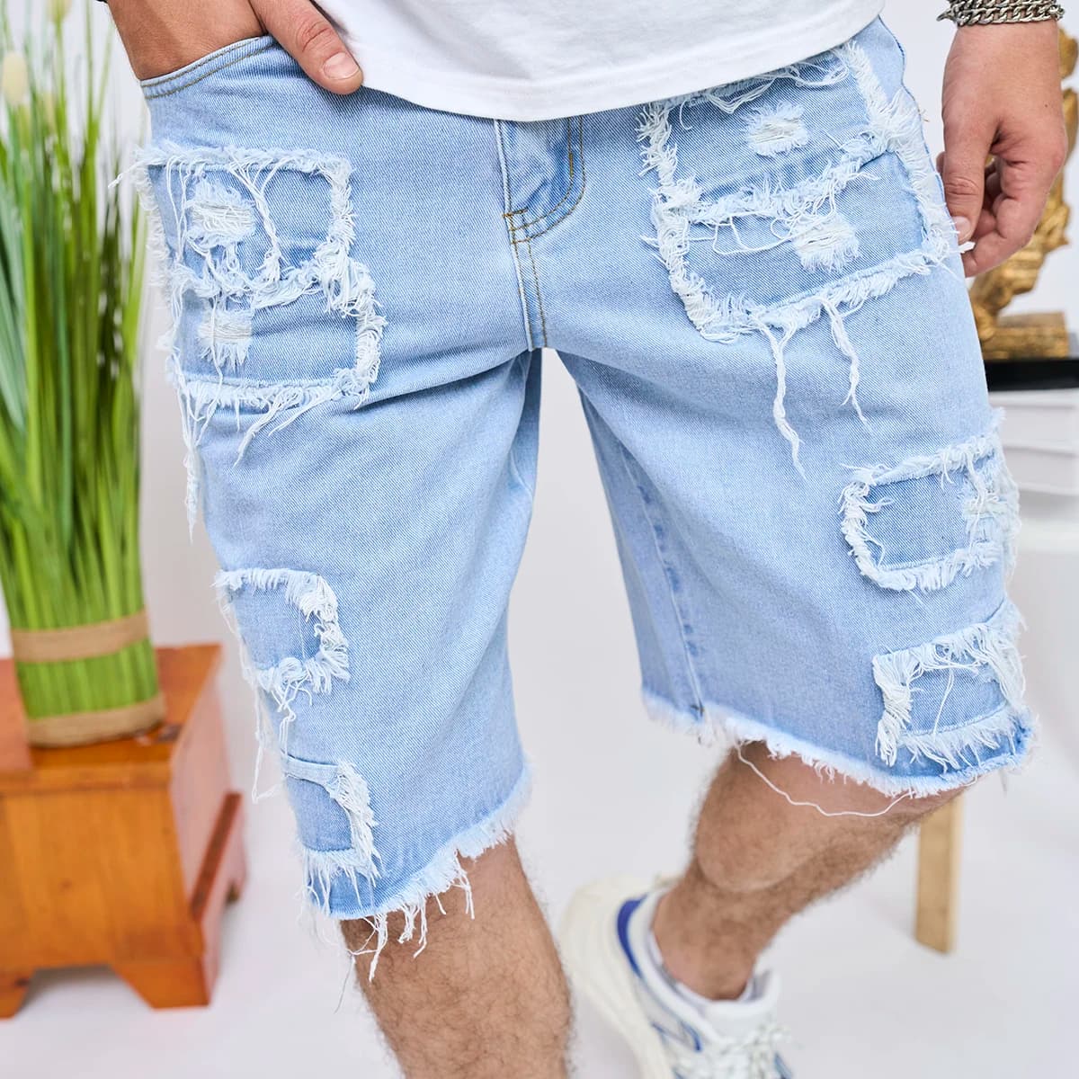 Jeans shorts with ripped patch High Street by summer man 2024 Men's shorts male straight jeans casual solid fashionable