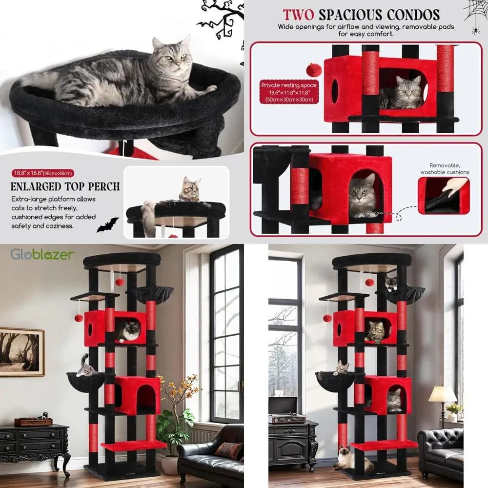 Robusta torre per gatti in stile gotico 74 per felini di grandi dimensioni con 7 tiragraffi, 2 letti, 2 cestini e pesce persico allargato - Rosso Nero S74