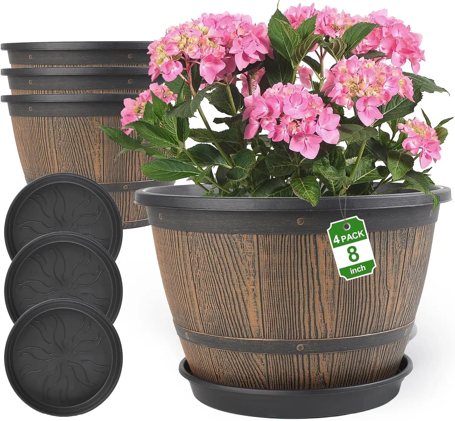Vases for Plants of 8 Inches for Interior and Exterior, Set of 4 Planters in Shape of Whisky Barriers with Draining and Subtle Holes, Vases in Plastic Imitation Wine