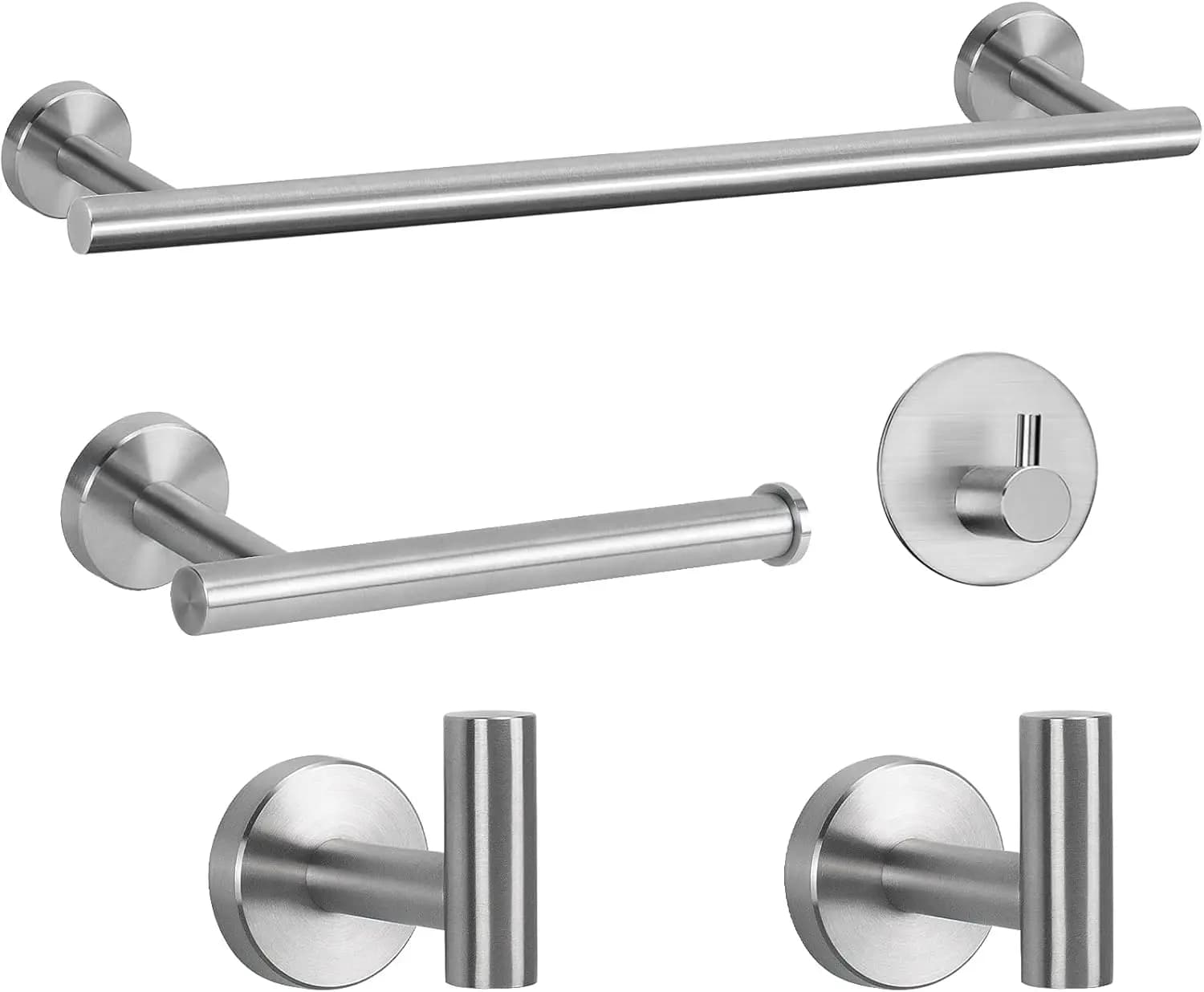 Set di Accessori per Bagno in Acciaio Inox: Portasciugamani, Portarotolo e Ganci in Nickel Spazzolato (5 Pezzi)