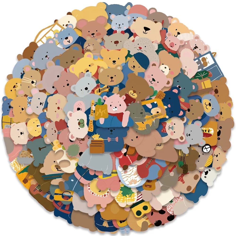100 Pezzi Adesivi Decorativi con Orsetti Marroni Cartoon per Casco, Bicicletta, Astuccio, Decalcomanie Dorate per la Memoria