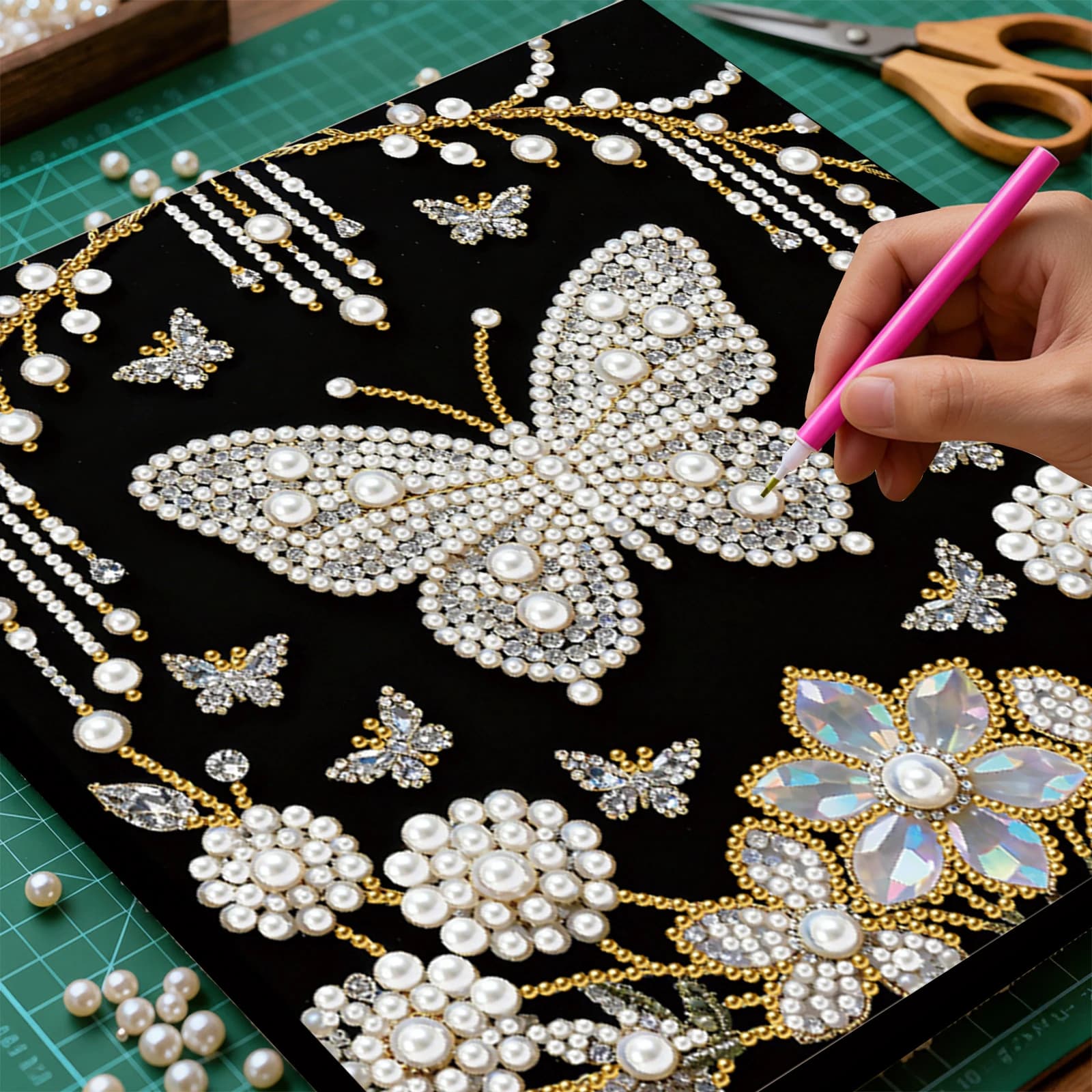 Fa-da-Te Artistic Kits for Painting with Adult Pearls / Beginners, Gift for Home Decoration, Paintings with Pearls and Gems, Art and Craftsmanship 25x25cm with Frame