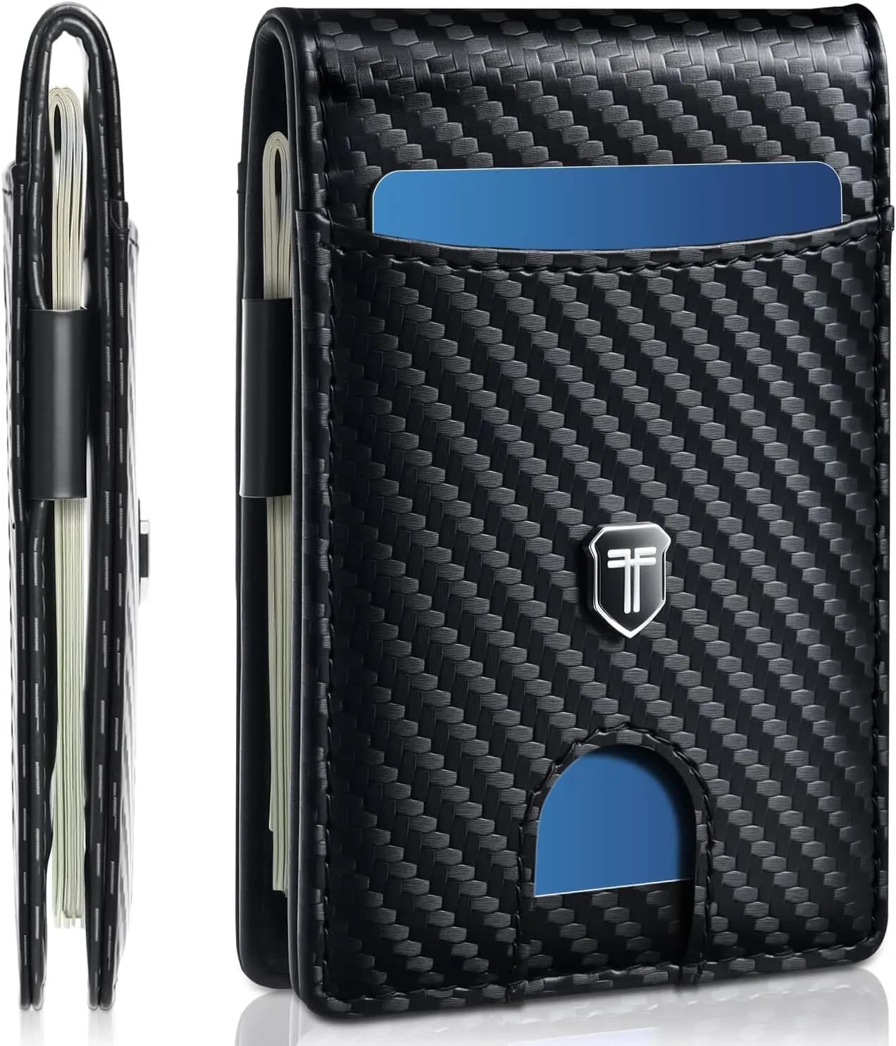 Portafoglio Sottile con Blocco RFID per Uomo, Minimalista Bifold con Fermasoldi e Finestra per Documenti, in Fibra di Carbonio Nero