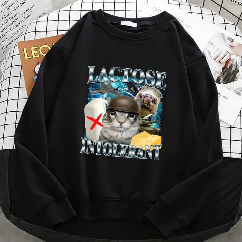 Felpa con Cappuccio Divertente con Meme Gatto Intollerante al Lattosio, in Pile Morbido e Traspirante, Girocollo, Pullover Casual da Donna