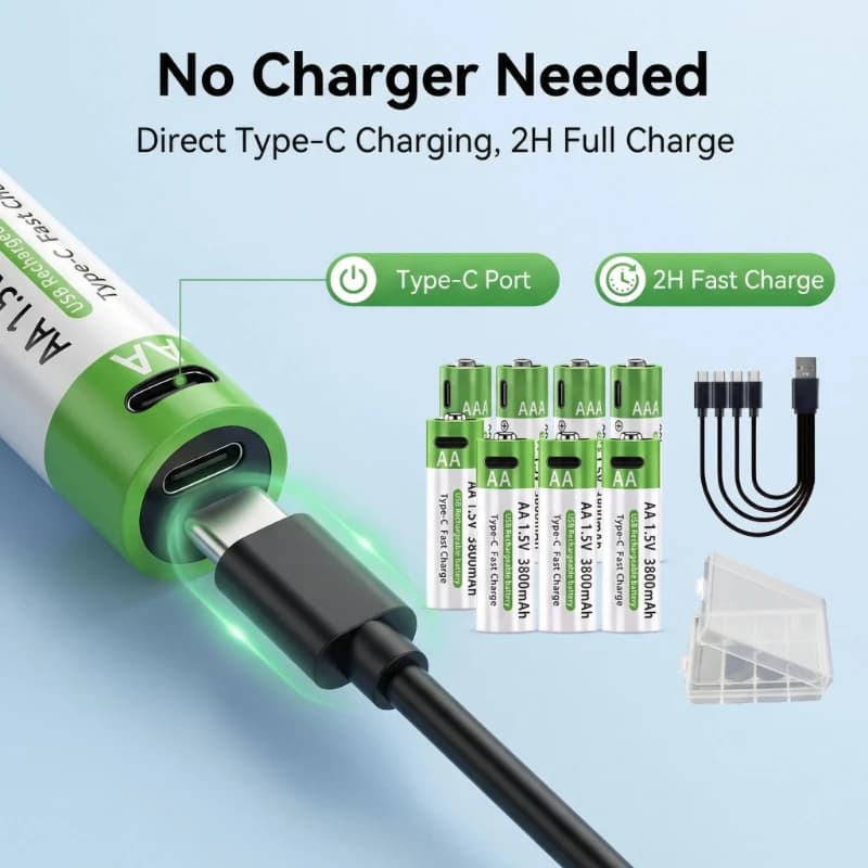 Fast Charge Lithium-ion Battery 3800mAh AA +3000mAh AAA Type-C Rechargeable Battery for Remote Control Mouse Toys