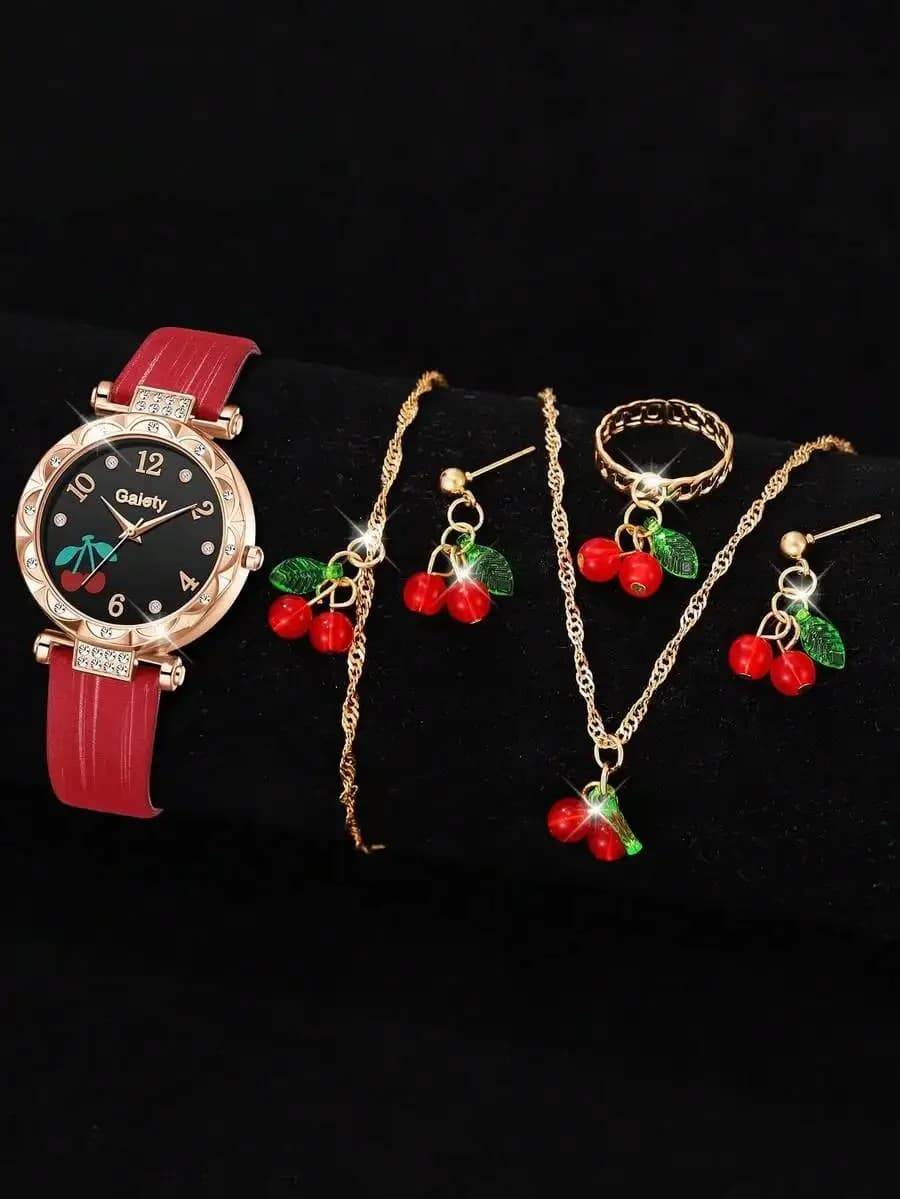 Set di 6 Orologi da Donna con Cinturino in Pelle PU Rossa, Orologio al Quarzo con Motivo Ciliegia, Collana, Orecchini e Anello