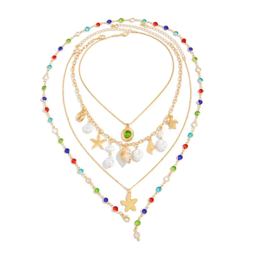 Set di Collane Trendy a Y con Cristalli Colorati, Perle e Conchiglie, Stile Bohemien, Gioielli Etnici Boho Dorati per Vacanze
