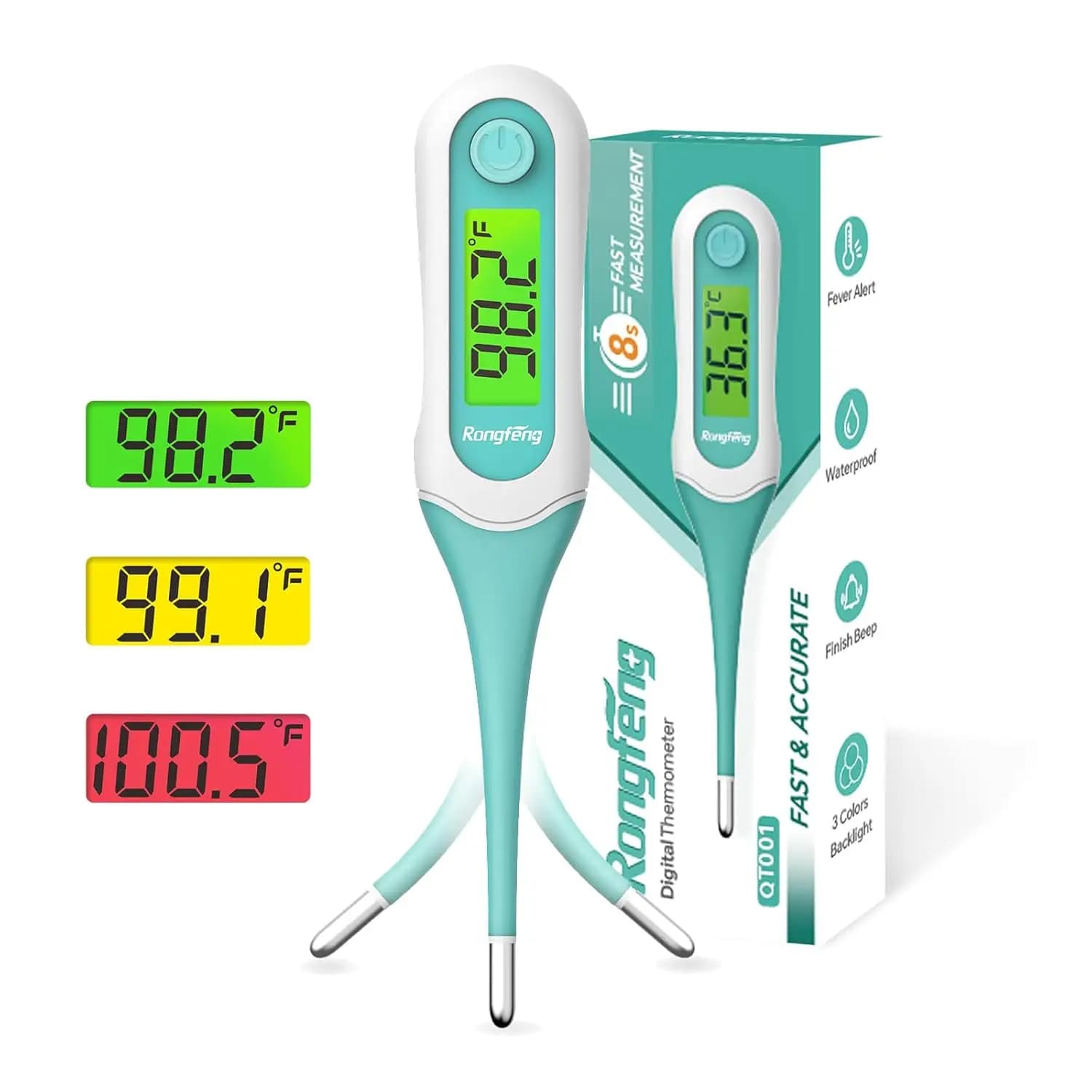 Digital Thermometer Oral 8 Seconds, Quick Reading Thermometer for Adults and Children with 3 Color Retro Lighting and Fever Alarm for Oral Use, Rectangle, Axle