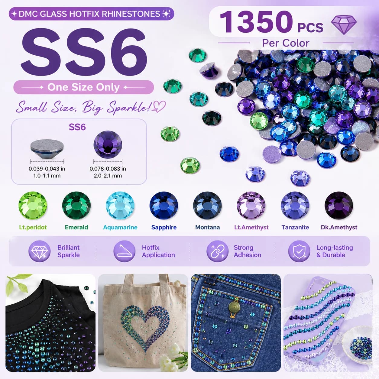 1350Pcs SS6 2mm DMC Glass Hotfix Rhinestones, 8 Colors Flatback Heat Transfer Crystals for Clothing, Dresses, Bags, Shoes & DIY