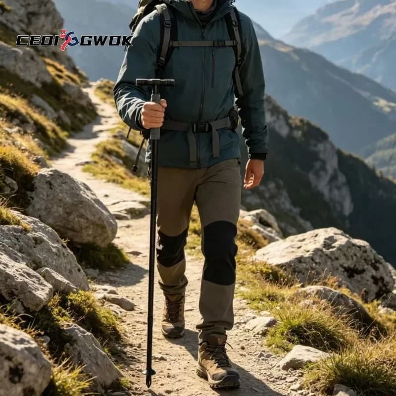 CEOI GWOK Lightweight Aluminum Alloy Walking Stick with Glass Breaker and Detachable Flashlight Outdoor Trekking Pole T Handle