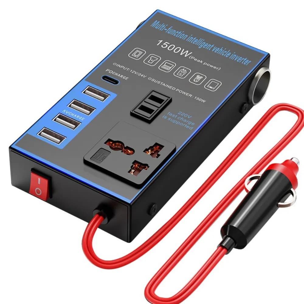 Convertitore per auto universale portatile DC 12V/24V a AC 220V 1500W Adattatore di alimentazione 4 USB/PD Convertitore per caricabatterie automobilistico multifunzione